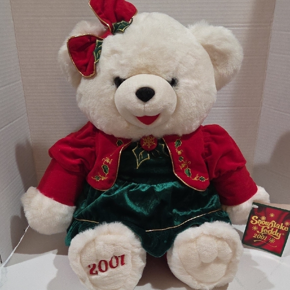 2001 White Snowflake Teddy Bear Plush Girl Christmas Outfit 22" w/Original Tags